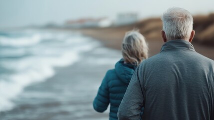 A heartwarming image showing an elderly couple enjoying a tranquil walk together along a beautiful coastline, symbolizing enduring love and the joys of lifelong companionship.