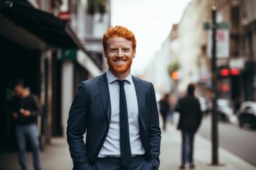 Smiling portrait of a ginger casual businessman in city