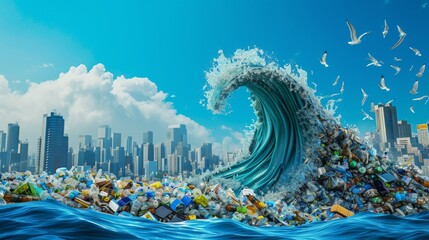 A powerful image depicting a towering wave made of ocean debris crashing towards a city skyline. This thought-provoking visual highlights the pressing issue of pollution and its impact on urban