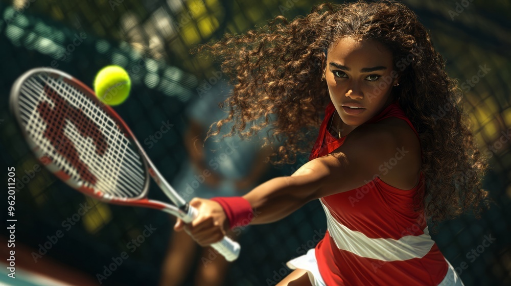 Focused tennis player swinging her racket at a ball during a game ...