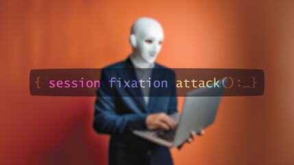 Wall Mural - Cybersecurity concept session fixation attack on foreground screen, hacker silhouette hidden with low poly style mask. Vulnerability and attack on colored code editor. Text in English, English text