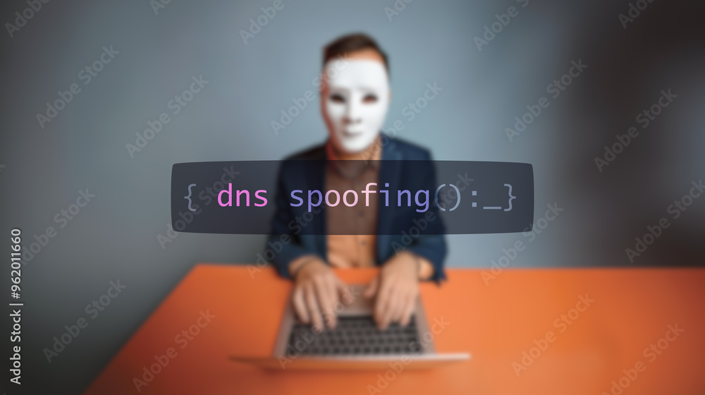 Cybersecurity concept. Translation: dns spoofing on foreground screen ...