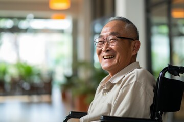 Wall Mural - Smiling portrait of a senior Asian man in wheelchair at nursing home