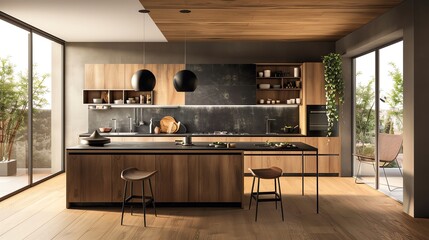 Sticker - A modern kitchen with wood cabinets and a large island.