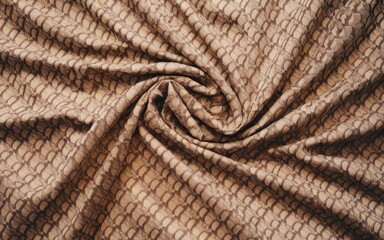 Wall Mural - Snake skin fabric texture. Close-up image of a brown snake skin fabric, featuring a textured surface and a swirling pattern.