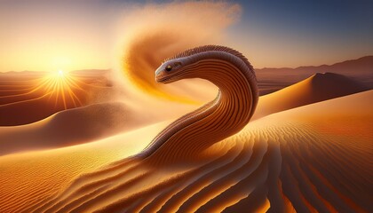 Wall Mural - 3D sandworm bursting from desert dunes sunrise dynamic perspective hyper realistic texture