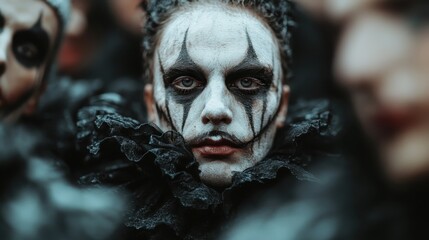 An individual dressed in a dramatic costume, with intense black and white painted makeup and ruffled collar, evoking a sense of mystery and theatrical flair.