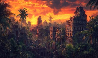 Poster - Ancient Ruins Overgrown by Lush Jungle Under a Dramatic Sunset