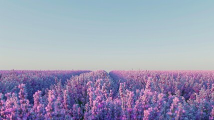 A wide field of lavender in full bloom under a clear sky