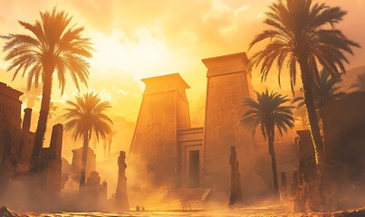 Poster - Ancient Egyptian Temple Entrance with Palm Trees and Golden Sunset