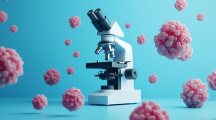 a digital rendering shows a microscope surrounded by floating pink virus particles on a bright blue 