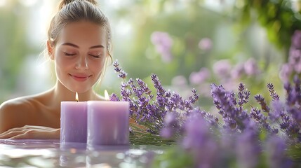 A beautiful woman relaxes with lavender and candles, embracing a moment of peace and tranquility.