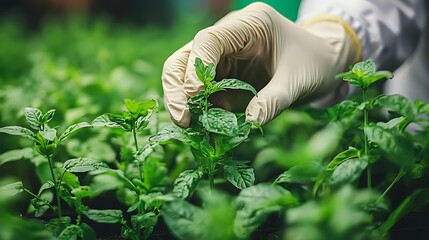 A gloved hand carefully examines fresh green plants in a greenhouse, embodying care and cultivation.