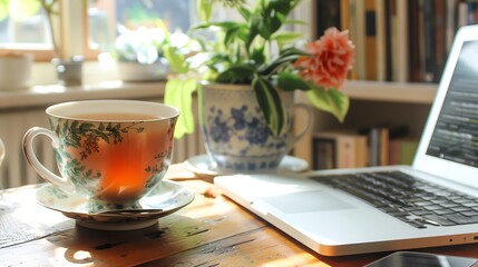 Wall Mural - Cup of tea on a table with a laptop in the background.