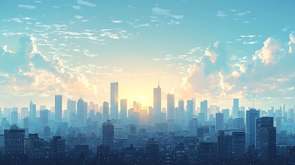 Wall Mural - The city skyline glows with sunrise colors and soft clouds, a beautiful start to a bustling day.