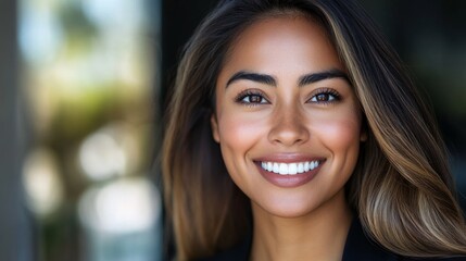 Fototapete - Close-up of a professional businesswoman with a warm, engaging smile, captured in high detail, reflecting confidence and competence in her field.