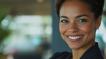 Fototapete - Close-up of a professional businesswoman with a warm, engaging smile, captured in high detail, reflecting confidence and competence in her field.