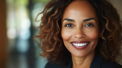 Fototapete - Close-up of a professional businesswoman with a warm, engaging smile, captured in high detail, reflecting confidence and competence in her field.