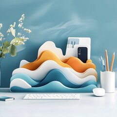 Wall Mural - Abstract Desktop Organizer with Blue and Orange Waves.