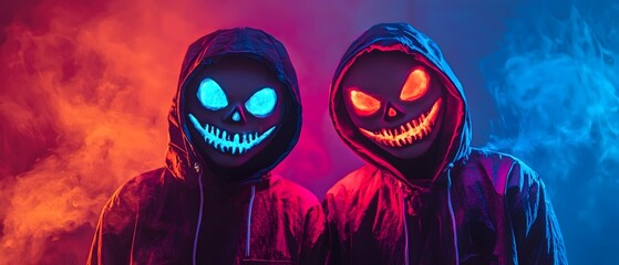 Eerie Neon Halloween Costumes Radiating an Ominous Glow Under Blacklight Create an Unsettling and Sinister Atmosphere in this Haunting Supernatural Image