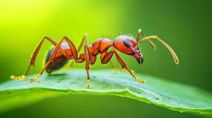 Poster - Close-up of a single ant crawling on a leaf, showcasing its detailed legs, antennae, and body structure against a clean background.