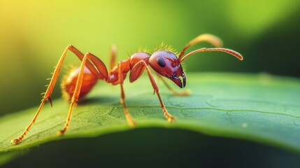 Poster - Close-up of a single ant crawling on a leaf, showcasing its detailed legs, antennae, and body structure against a clean background.