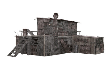 Post apocalyptic wasteland shanty town building constructed from scrap metal and wood. Isolated 3D illustration.