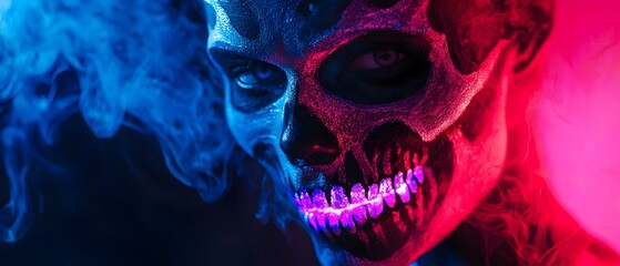 Neon face paint glowing in the dark at a creepy mystical Halloween party setting  Surreal dramatic lighting creates an unsettling spooky atmosphere with copy space for text overlay