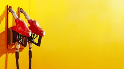 A close-up shot of two red fuel nozzles against a bright yellow background, emphasizing the strong contrast and industrial theme. Suitable for energy, fuel, or transportation-related visuals.