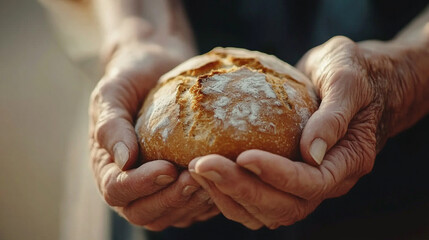 Wall Mural - pair of volunteer hands offering bread to a homeless man in need. This image symbolizes kindness, generosity, and compassion, representing the essence of charity, hope, and humanity in difficult times