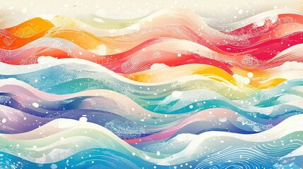 Wall Mural - Abstract Watercolor Painting of Wavy Lines and Floral Patterns in a Rainbow of Colors