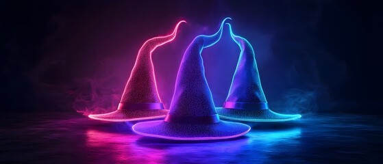 Glowing Neon Witches  Hats in Magical Twilight Concept Photography  Surreal supernatural image of levitating luminous witches  hats with ethereal lighting against a dark moody background