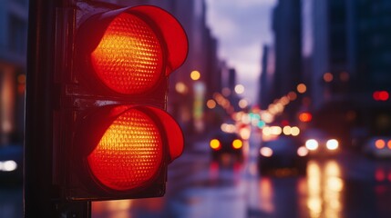 Wall Mural - Close-up of a traffic light showing the red signal, with clear details of the light's casing and the illuminated color against a city backdrop.