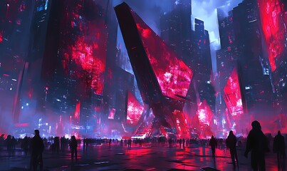 Sticker - Futuristic Cityscape with Silhouettes and Neon Lights