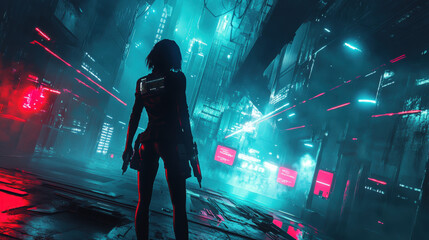 A woman is standing in a city with neon lights and buildings