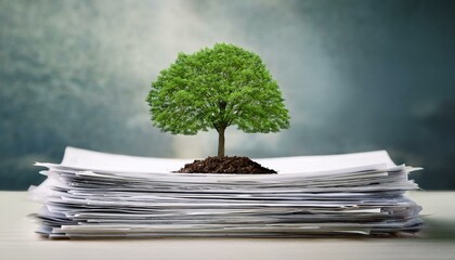 Transitioning to a Paperless Office Tree on a Heap of Paper Showing Environmental Benefits and Reduced Paper Consumption in Digital Document Management