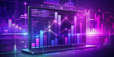 Wall Mural - Laptop with Upward Trend Line, Line Graph, Bar Graph, Stock Market, Finance, Investment, Growth