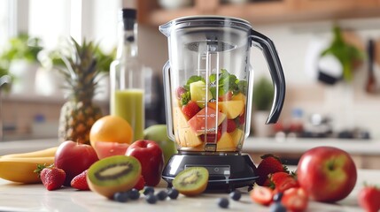 A blender filled with fruit and a counter full of fruit.