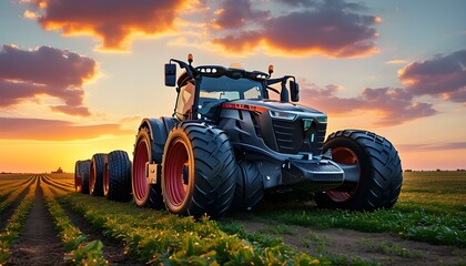 Futuristic agricultural technology showcased by modern tractor in a field illuminated by a stunning sunset