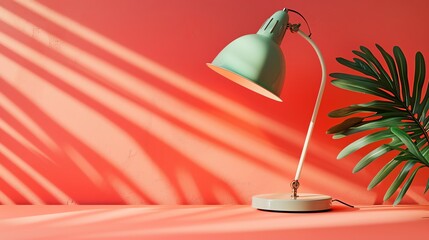 A green lamp and a green plant on a coral-colored surface with a coral-colored wall.