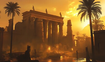 Poster - Ancient Egyptian Temple at Sunset with Palm Trees and Statues