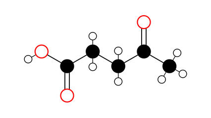 Sticker - levulinic acid molecule, structural chemical formula, ball-and-stick model, isolated image keto acid