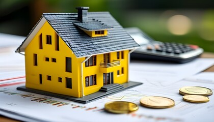 Wall Mural - Miniature yellow house atop financial reports illustrating real estate investment and market analysis