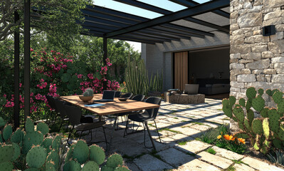 Wall Mural - an outdoor area with wooden slats, featuring a modern and elegant design