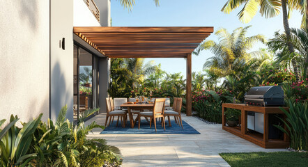 Wall Mural - an outdoor area with wooden slats, featuring a modern and elegant design