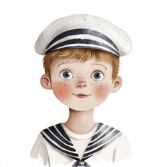 A boy with a sailor hat, freckles on his cheeks, and a curious look, in a soft, textured illustration on a white background.