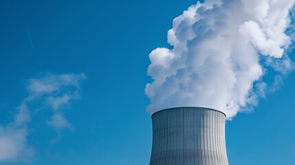 A cooling tower emitting steam against a clear blue sky, indicative of industrial processes.