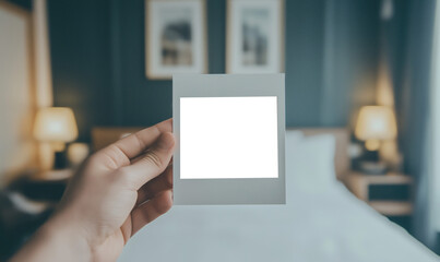 A hand holding a blank polaroid photo, with a blurred cozy bedroom background, inviting the viewer to fill in their own memories or personal touch