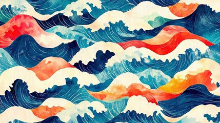 Wall Mural - Abstract Watercolor Painting of Blue Waves with Red and Orange Accents