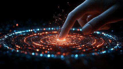 finger touching the center of a luminous, spiral galaxy-like interface, symbolizing the initiation o